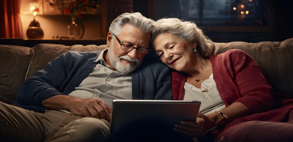 comfy couple enjoying tech at home